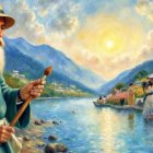 Serene riverside landscape with a thoughtful figure