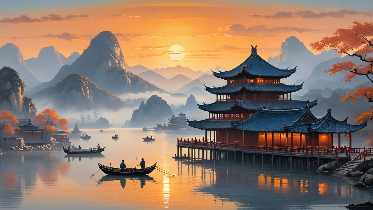 Serene Sunset Landscape with Pagoda and Lake