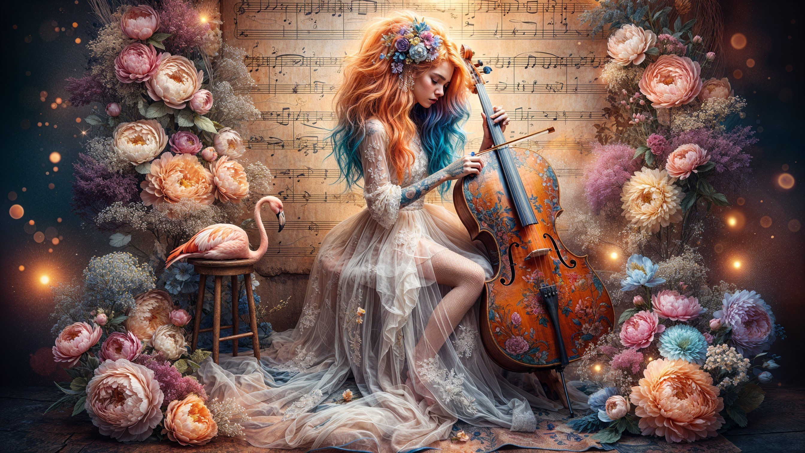 Whimsical Scene of Woman Playing Cello Among Flowers