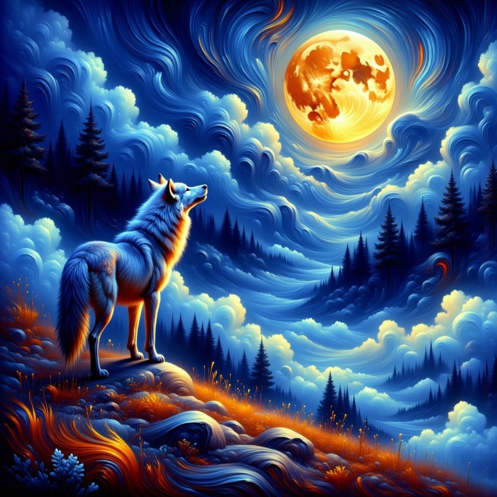 White Wolf on Rocky Outcrop Under Vibrant Moon