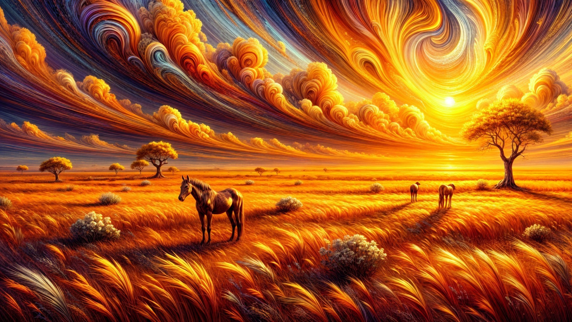 Golden Sunset Landscape with Grazing Horses and Clouds