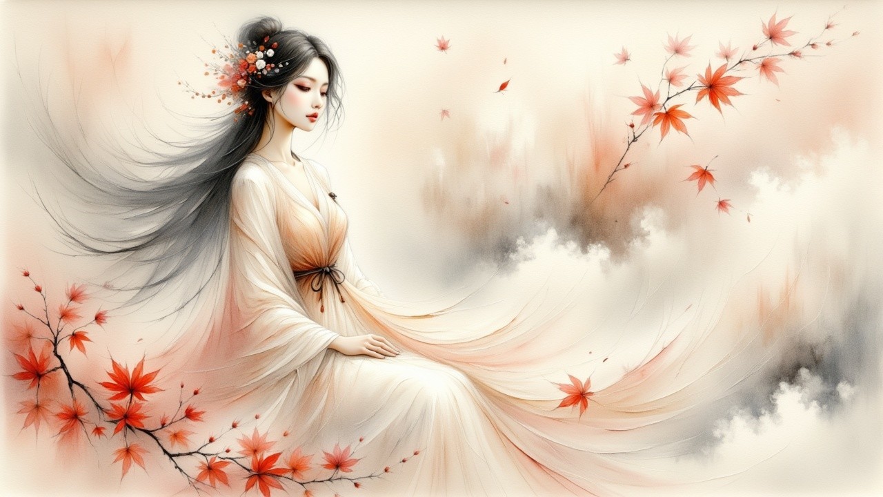 Serene Woman in White Gown Surrounded by Clouds and Leaves