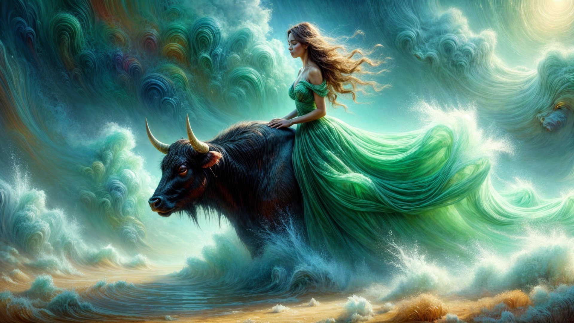 Surreal Scene of Woman in Green Gown on Bull