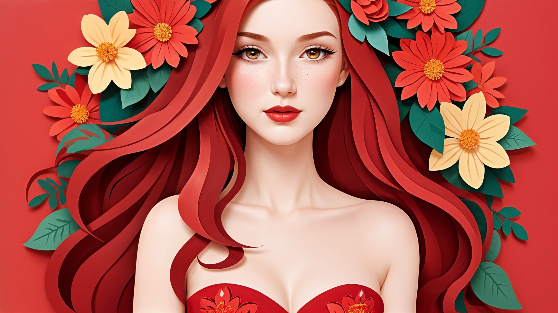 Woman with Red Hair Surrounded by Vibrant Flowers