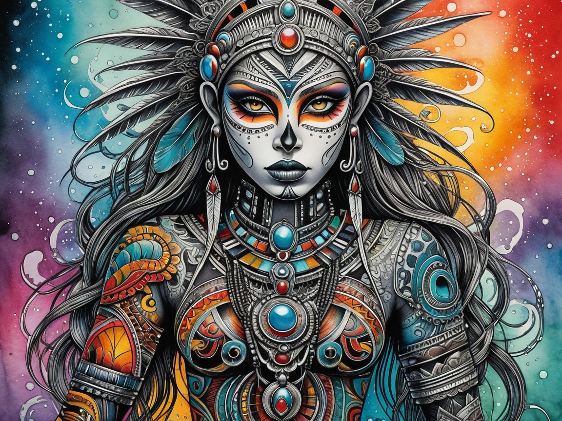 Artistic Portrait of Woman with Tribal Patterns and Colors