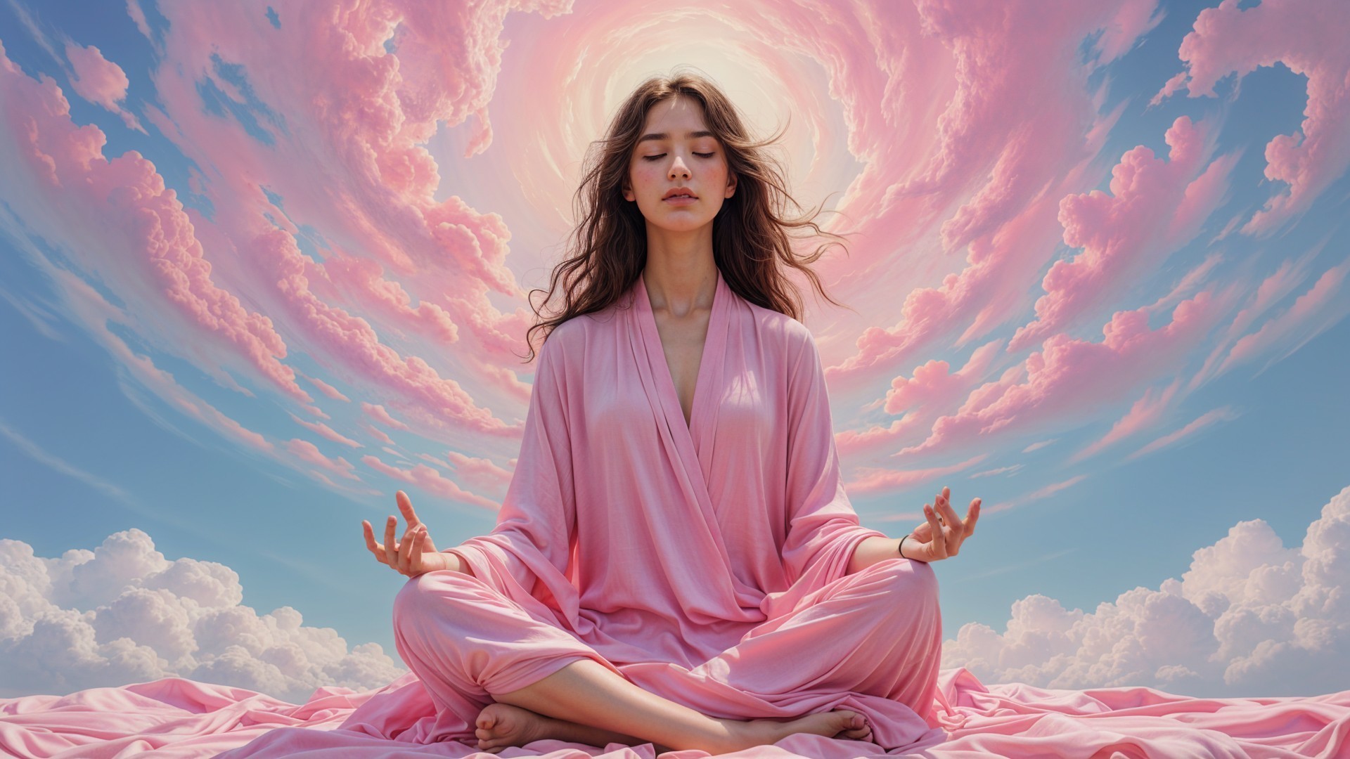 Serene Woman in Meditative Pose with Vibrant Sky