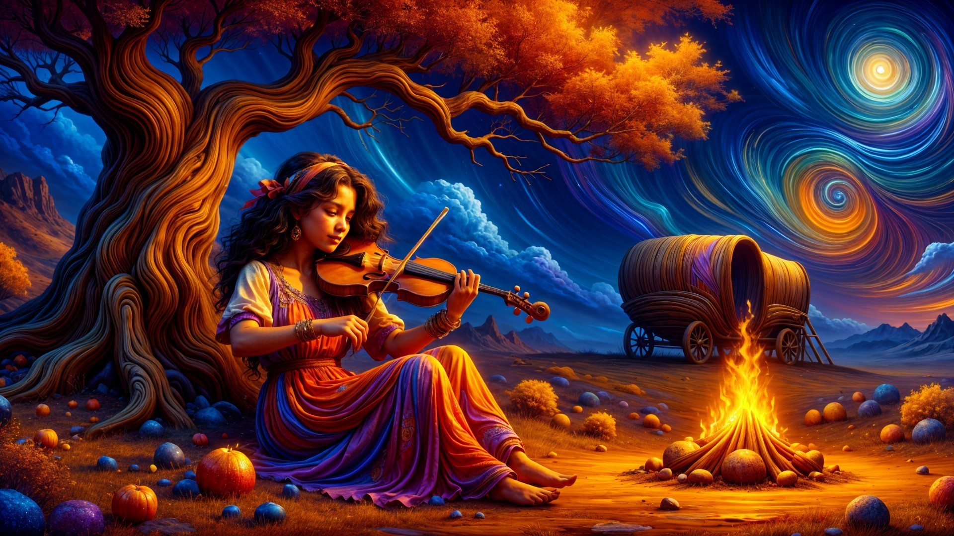 Young Girl Playing Violin Under Majestic Tree