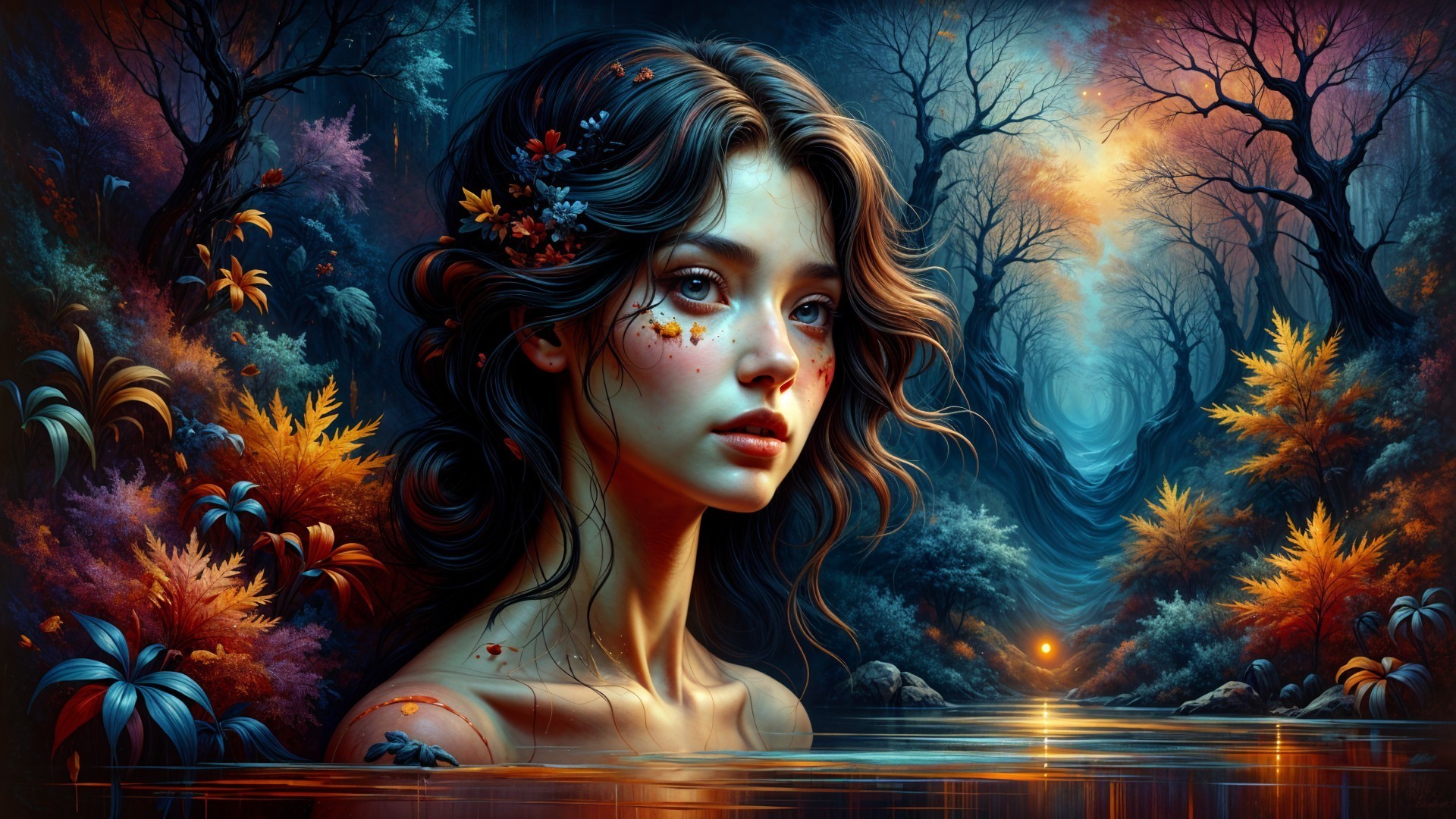Young Woman in Mystical Forest with Floral Patterns