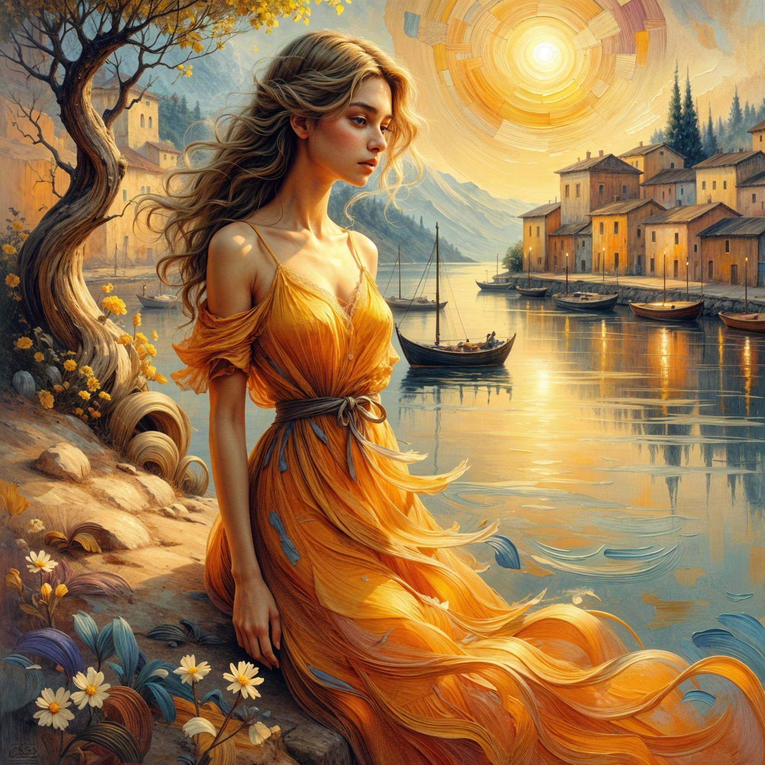 Serene Lakeside Scene with Village and Young Woman