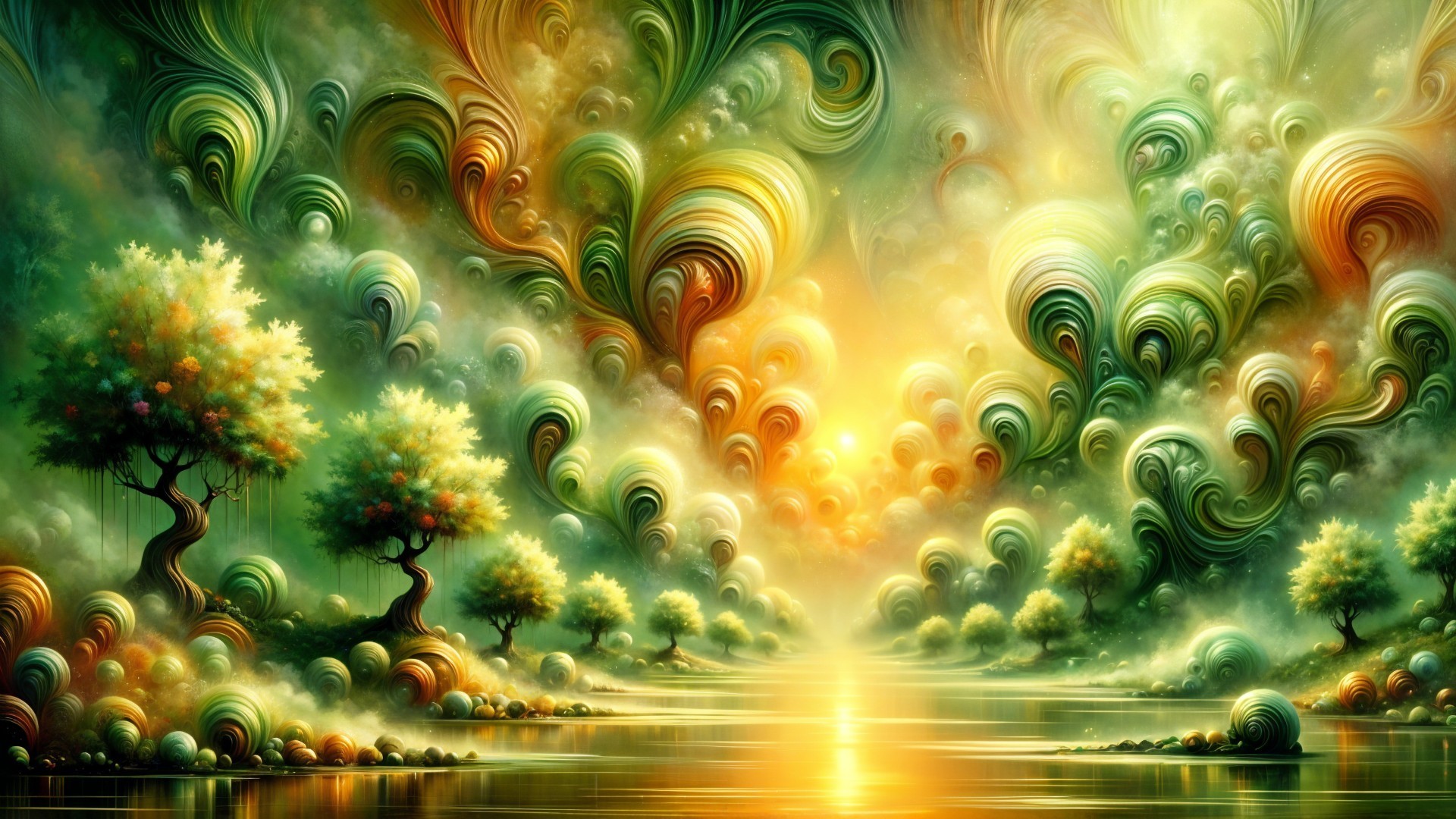 Vibrant Dreamlike Landscape with Reflective Water