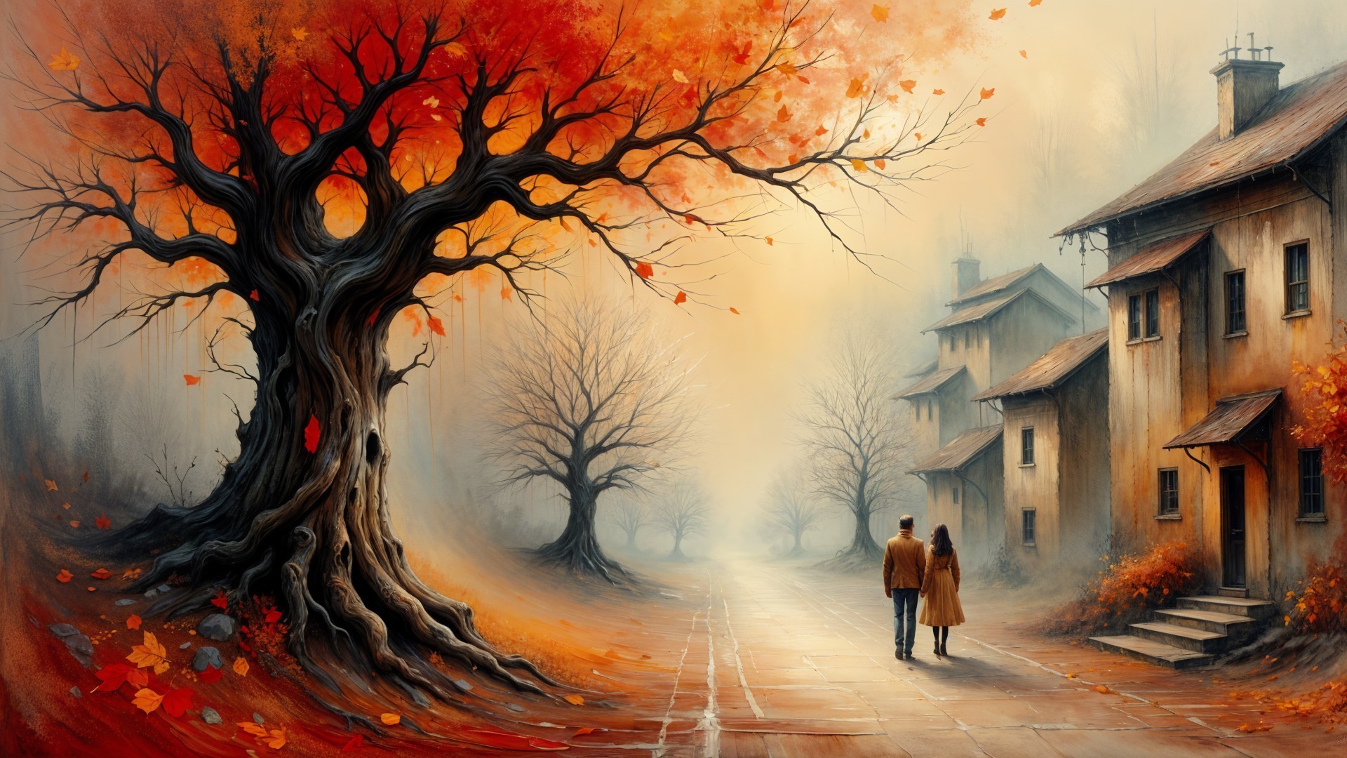 Autumn Stroll on a Cobblestone Path with Foggy Atmosphere