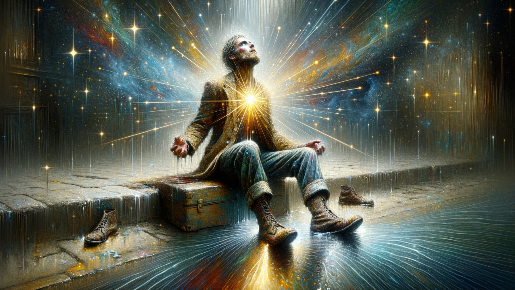 Man on Cobblestone Street in Surreal Cosmic Scene