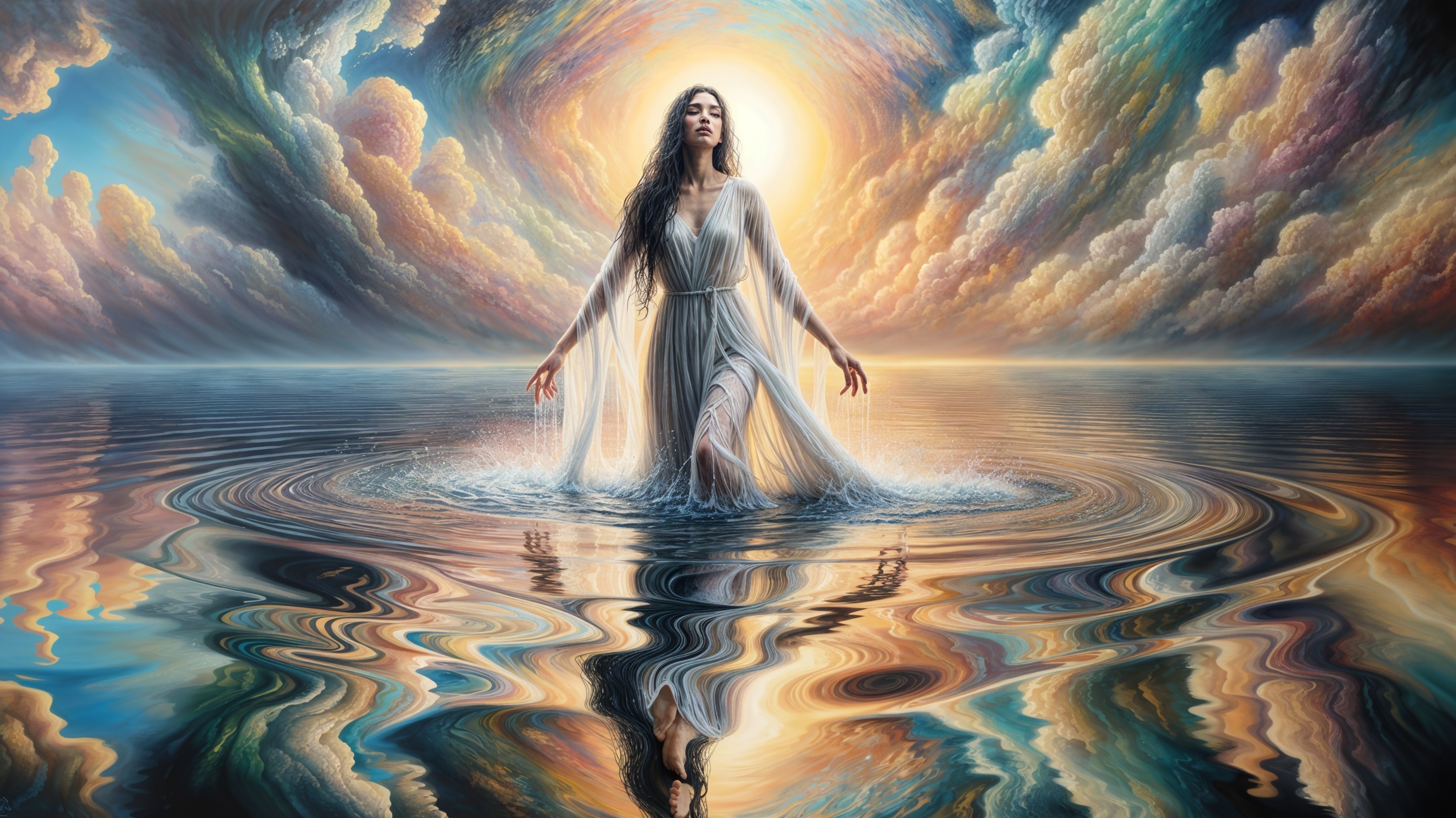 Ethereal Figure in Shimmering Water and Vibrant Clouds