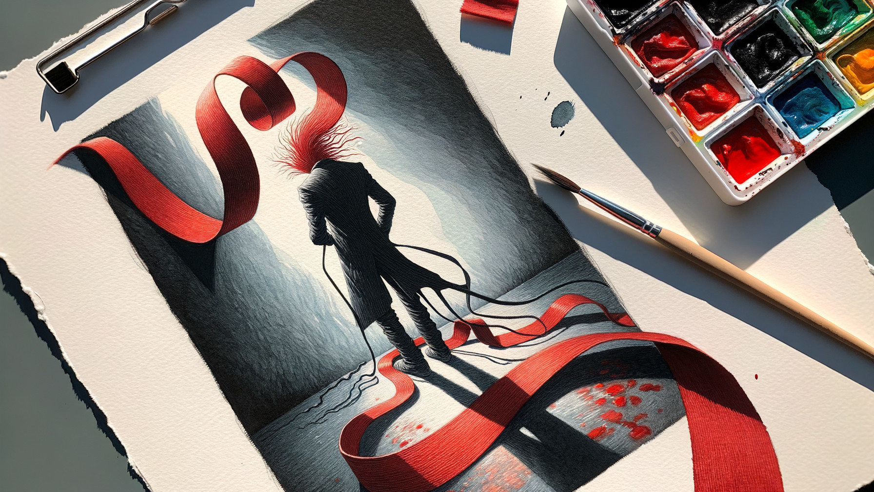 Artwork of a figure with red ribbons in dark setting