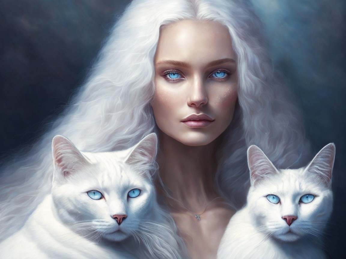 Serene figure with white hair and blue-eyed cats