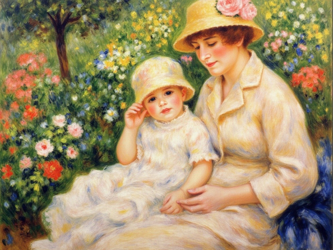 Mother and Child in a Colorful Garden Scene