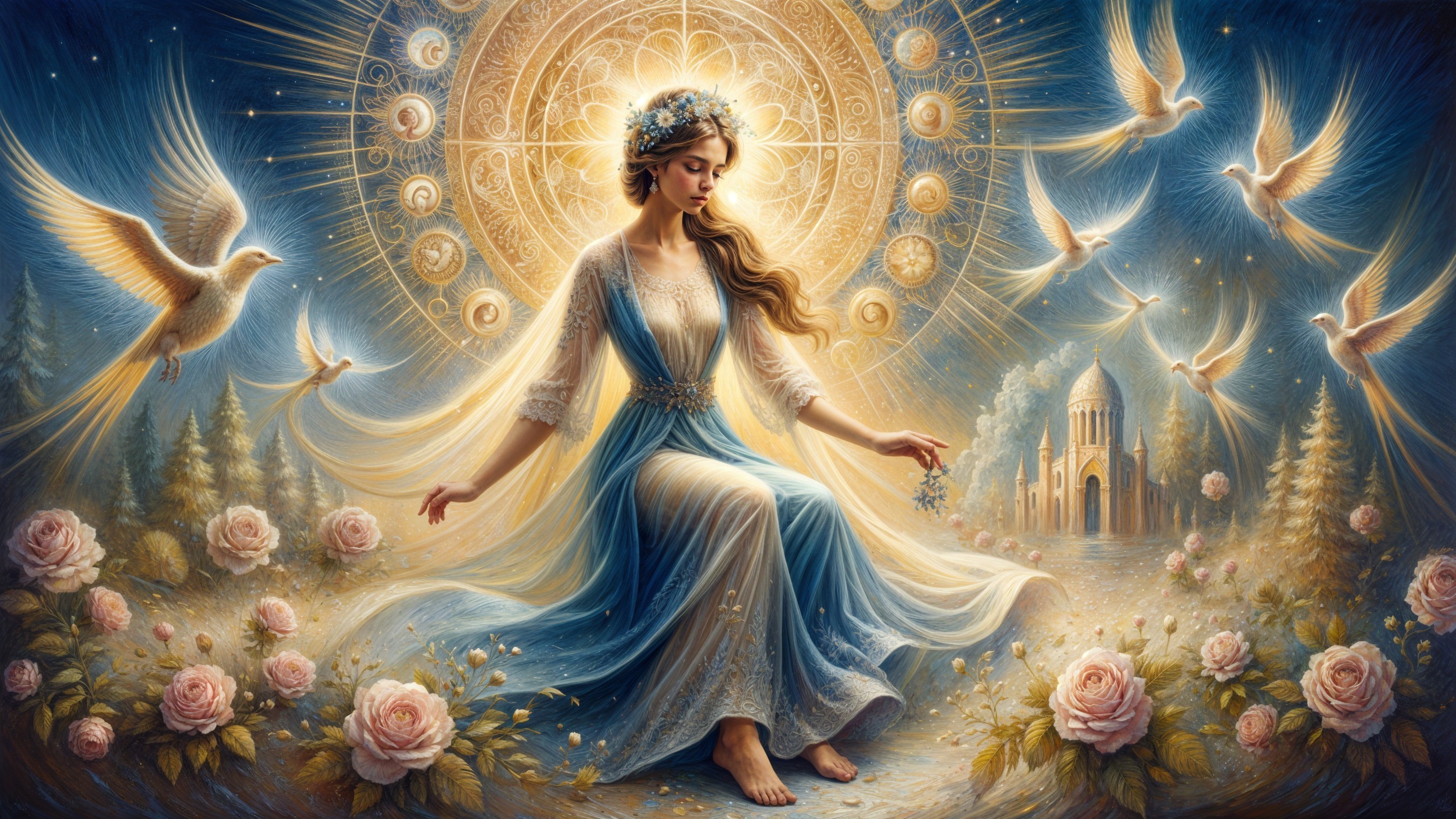 Serene figure in blue dress among blooming roses