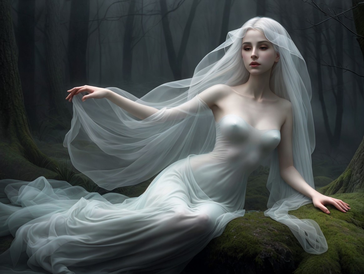 Ethereal figure in enchanted forest setting