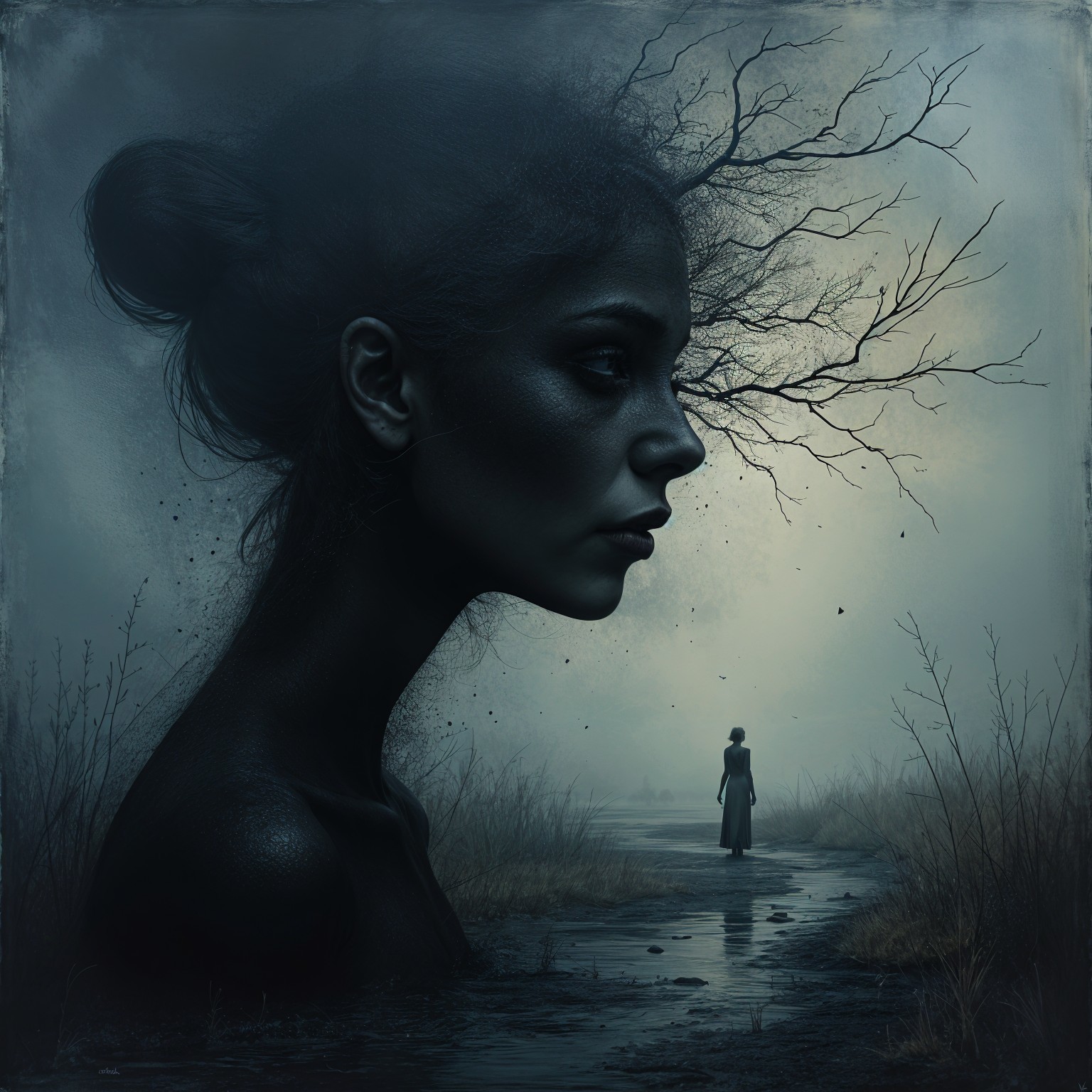 Surreal Scene of Woman and Tree in Misty Landscape