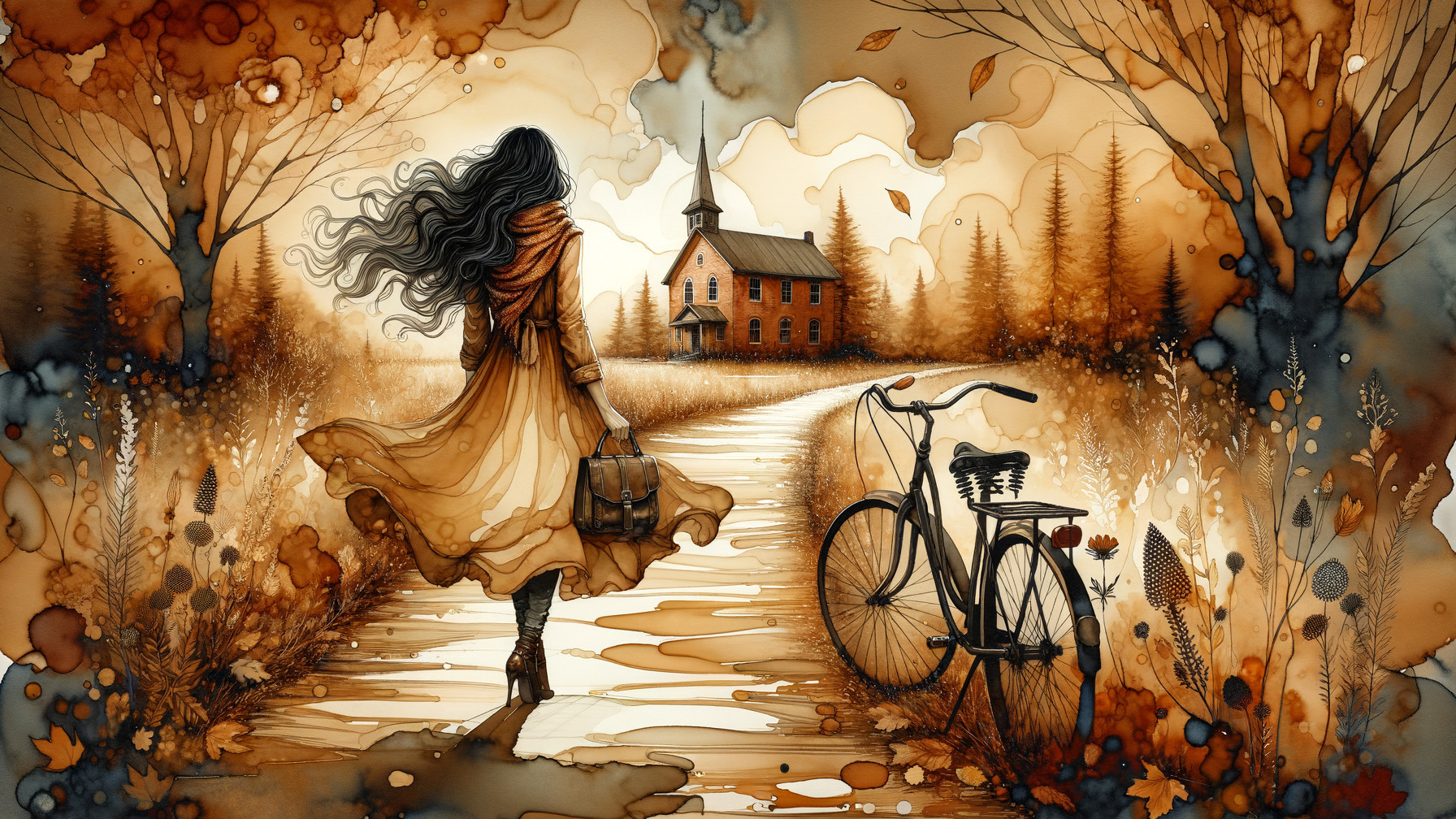 Autumn Scene with Woman in Golden Dress and Bicycle