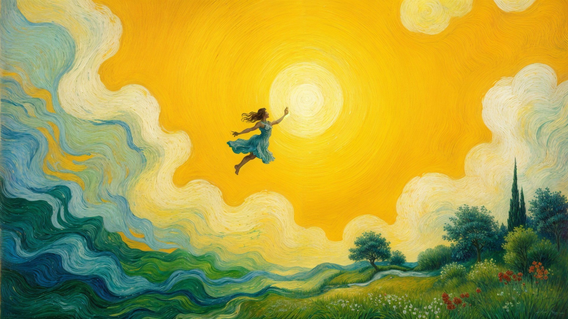 Girl in Blue Dress Leaps in Vibrant Landscape Scene