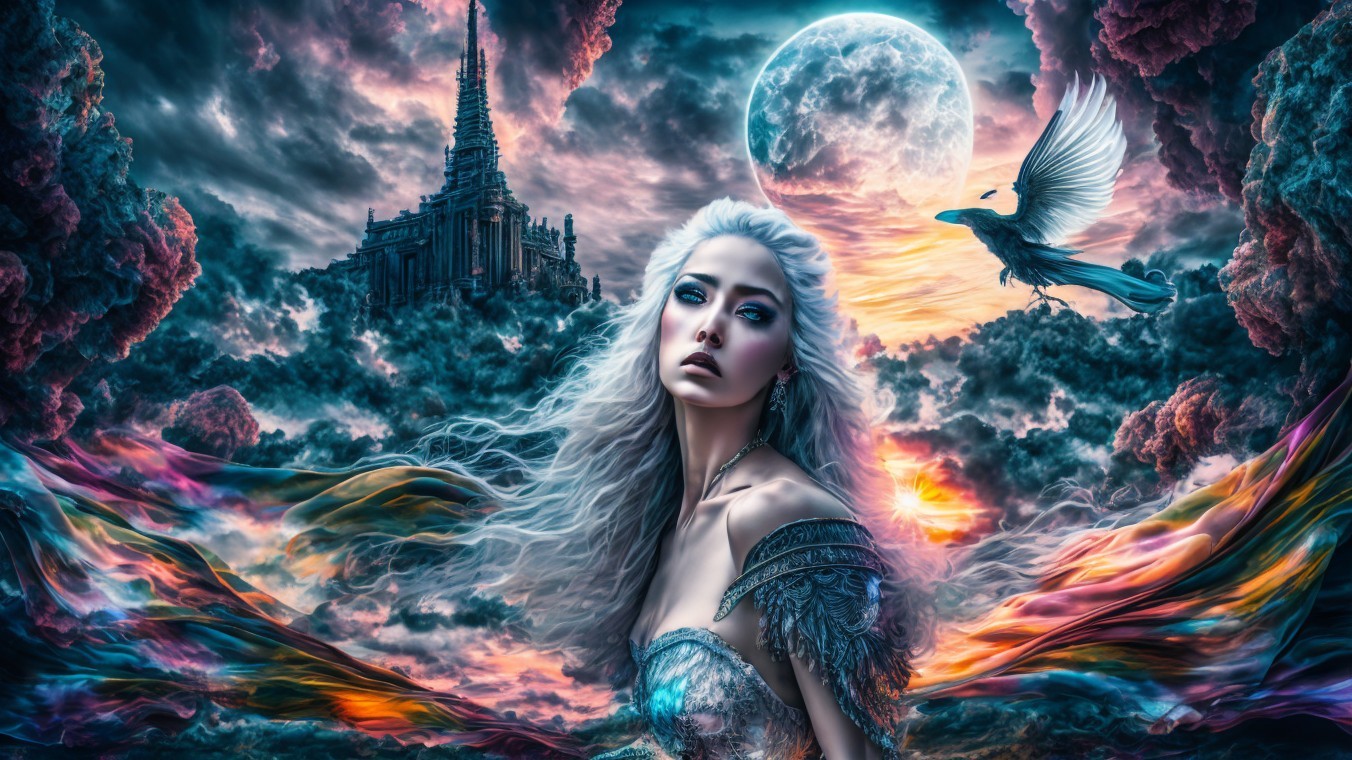 Luminous Woman in Armor Against Dramatic Fantasy Sky