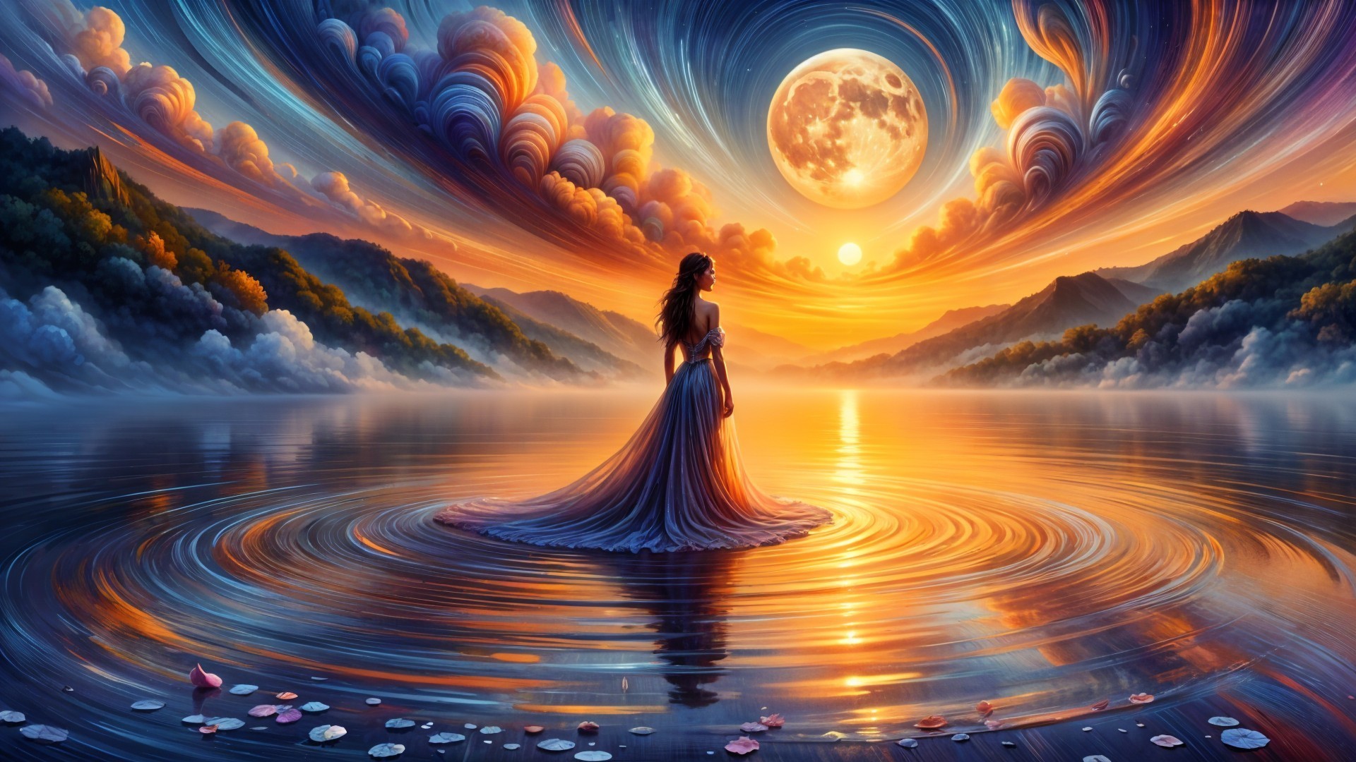 Woman in Gown by Water at Sunset with Moonlight