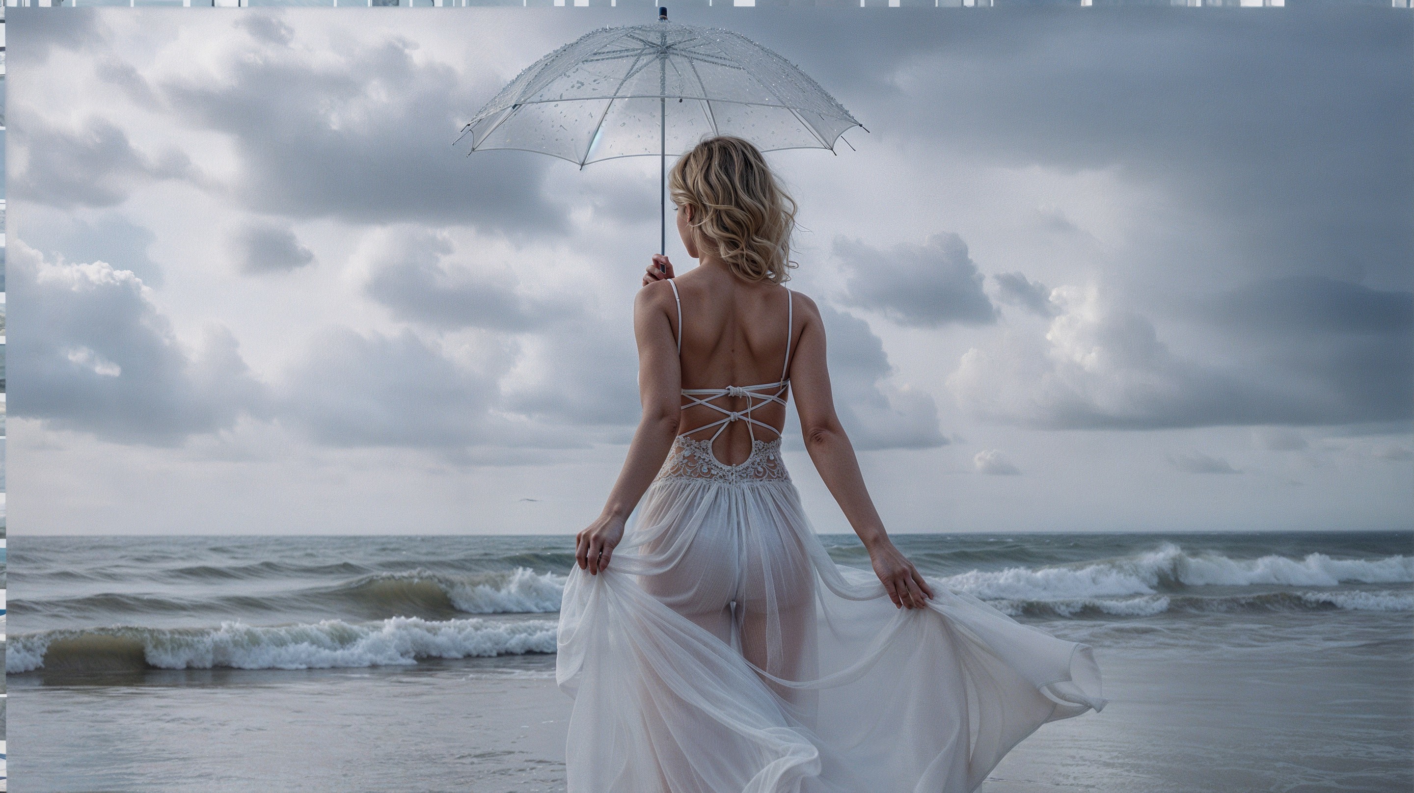 Woman in White Dress on Beach with Umbrella
