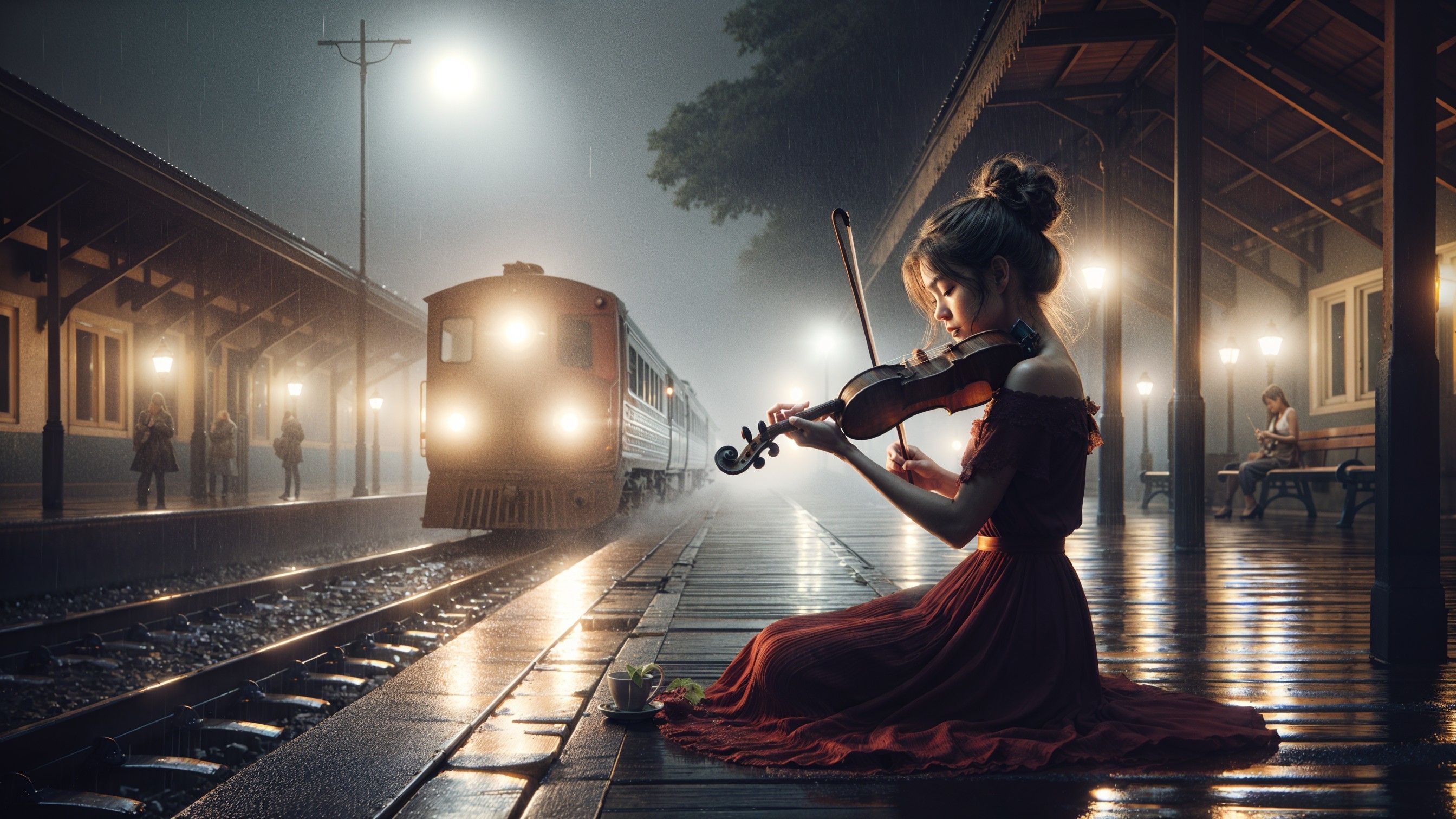 Girl in red dress plays violin on rainy train platform
