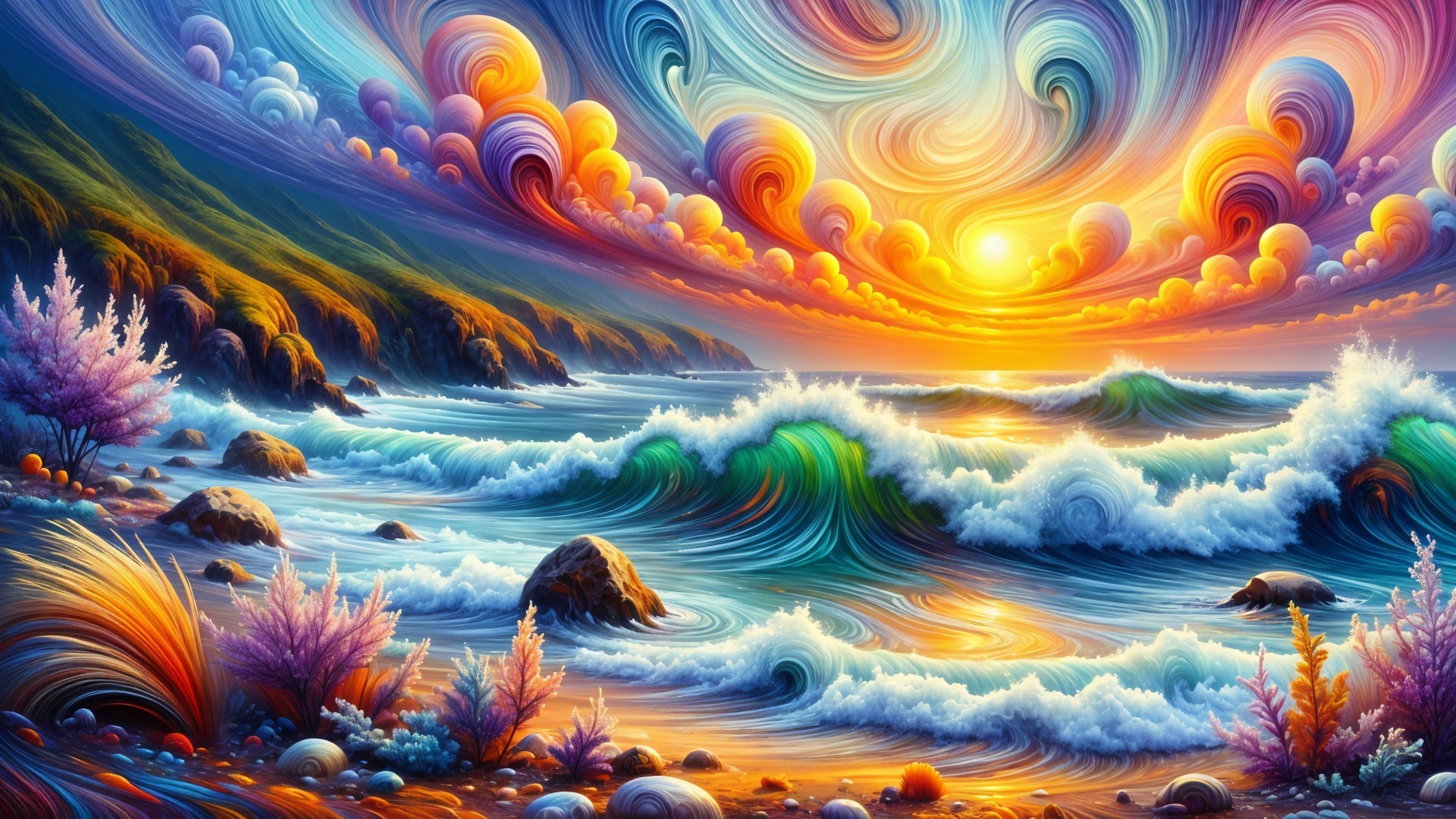 Vibrant Coastal Sunset with Swirling Clouds and Waves