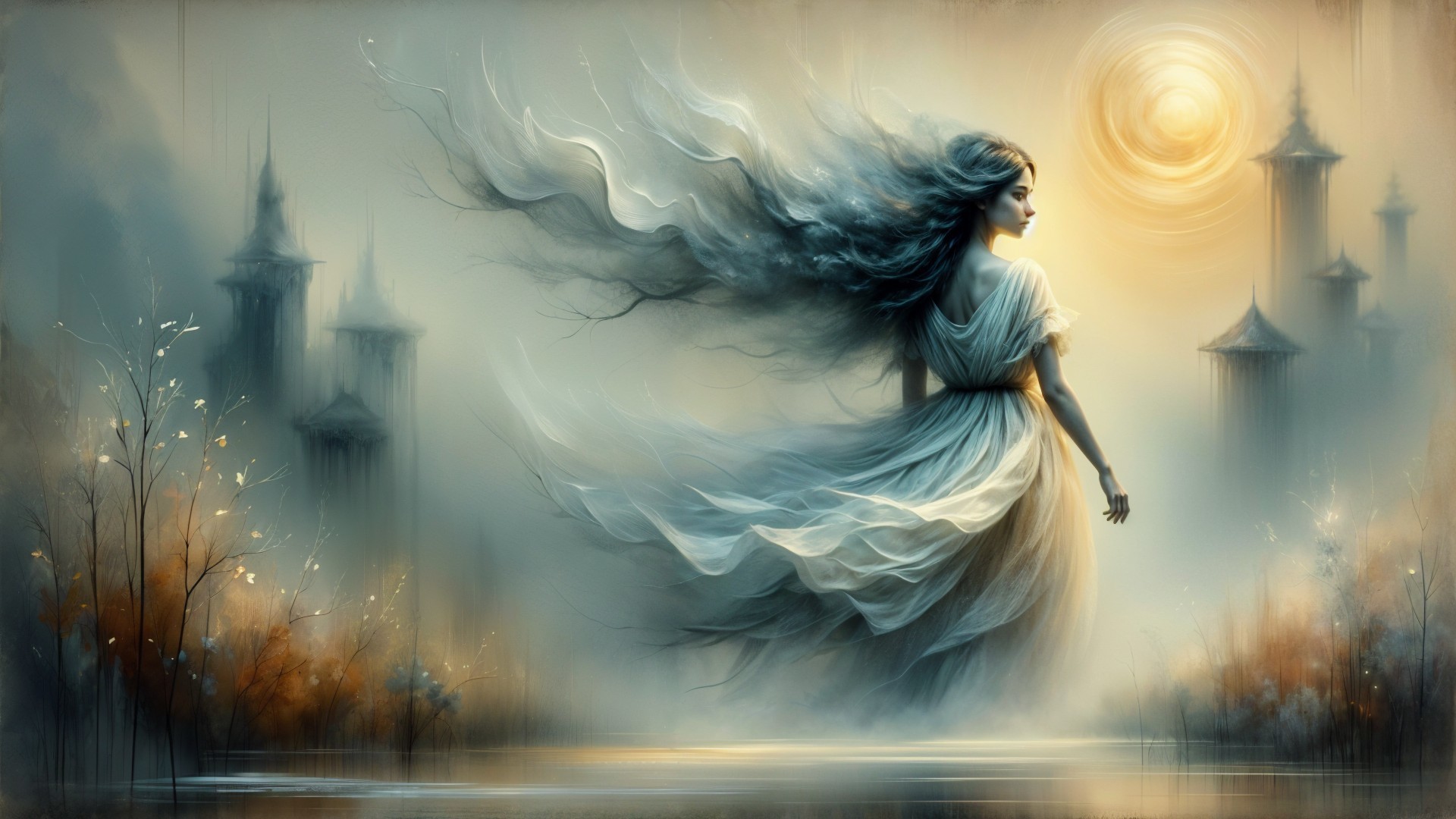 Mystical Scene with Ethereal Figure and Enigmatic Towers