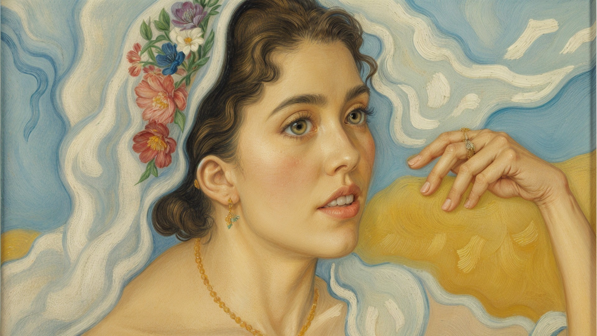 Portrait of a young woman with floral headscarf and jewelry