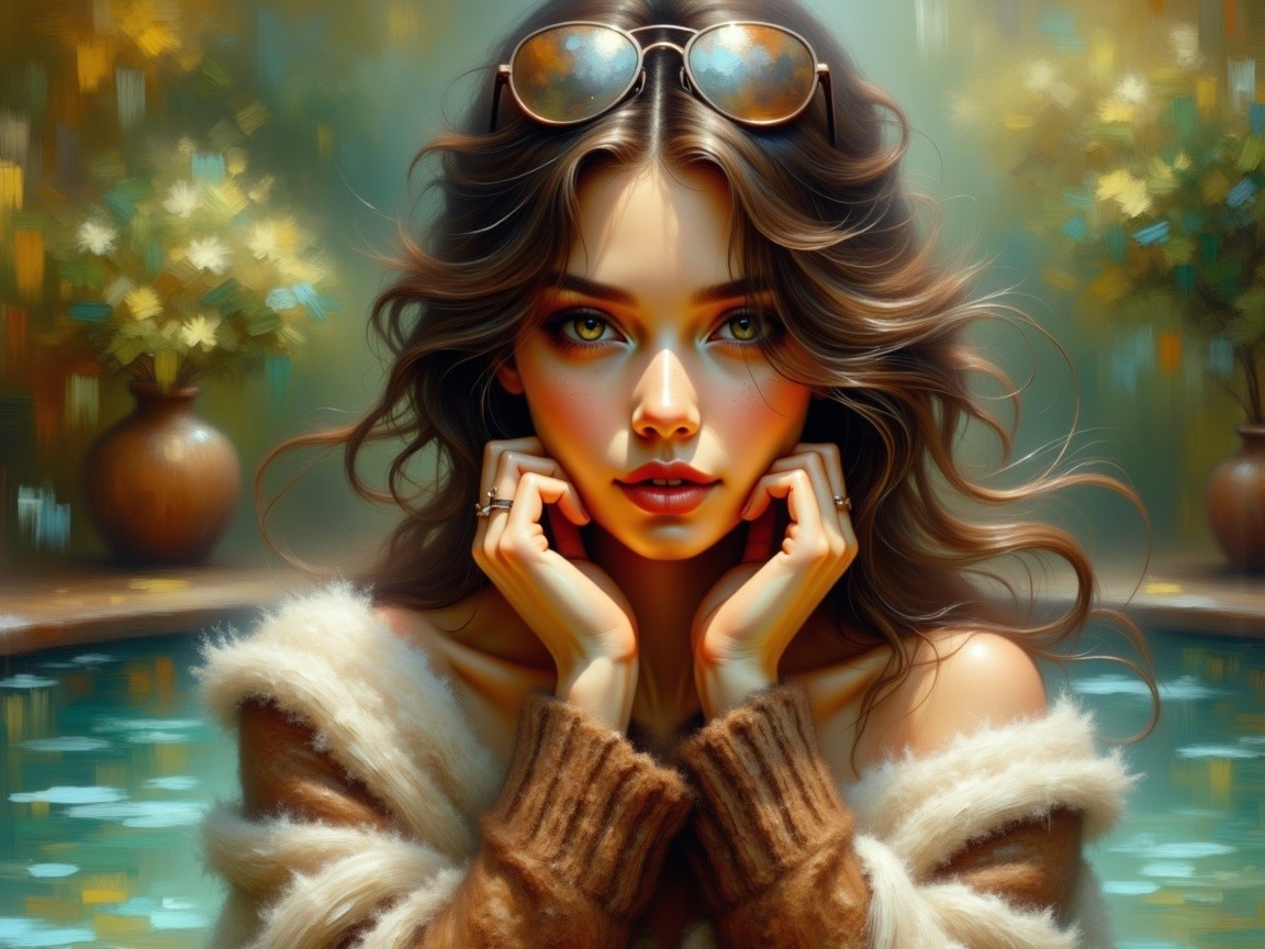 Portrait of a woman by turquoise water with sunglasses