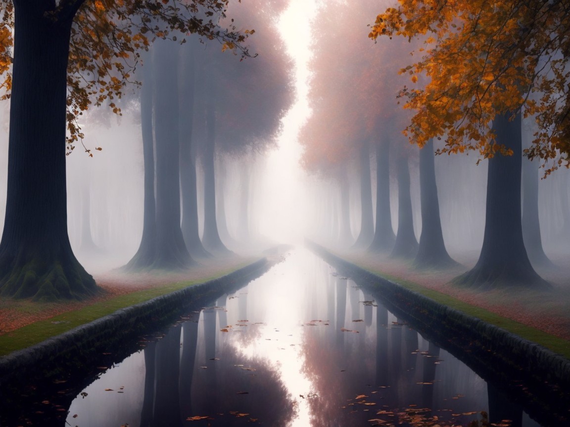 Foggy Forest with Autumn Leaves and Tranquil Canal