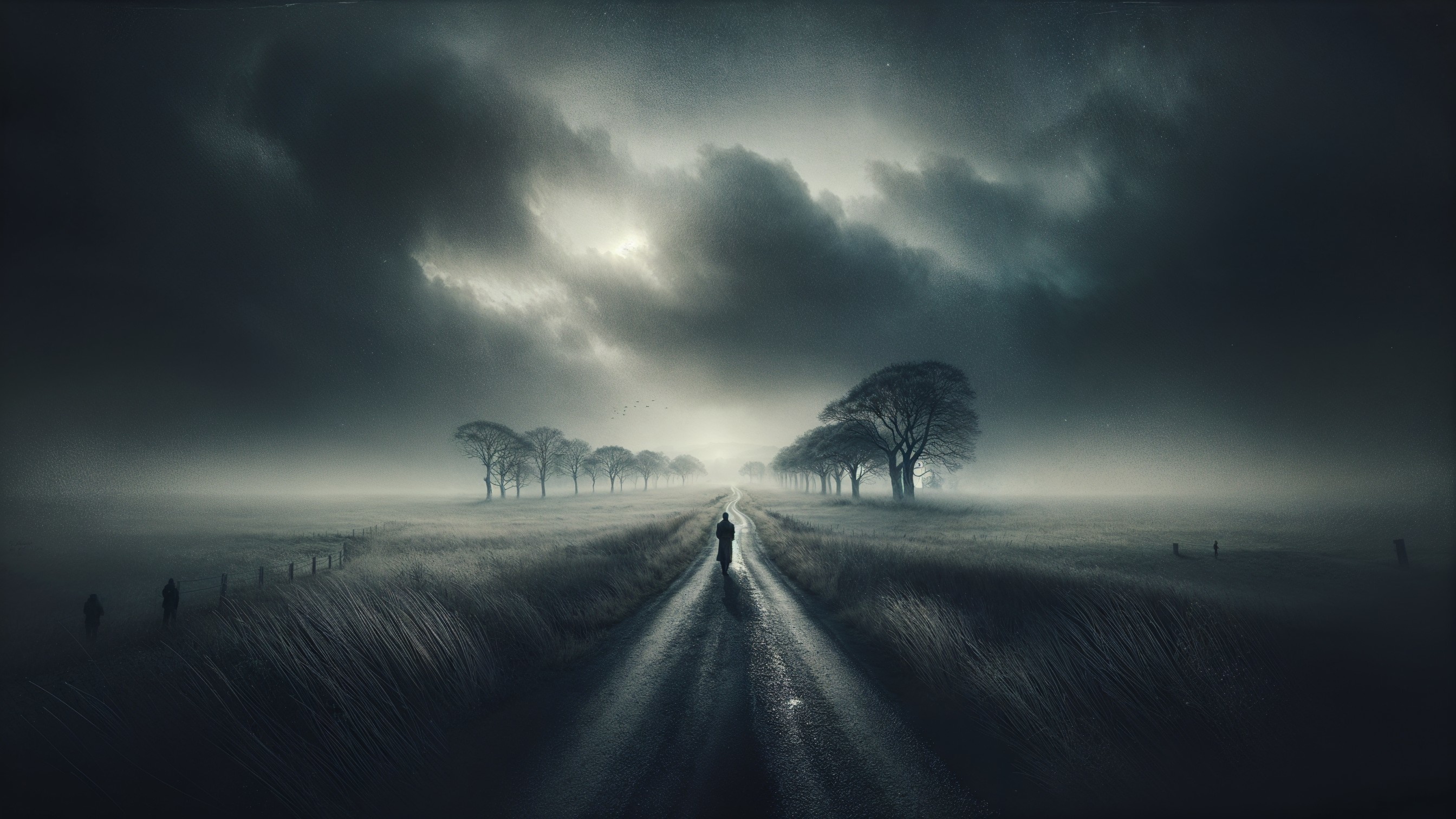 Solitary Figure on Winding Road in Misty Landscape