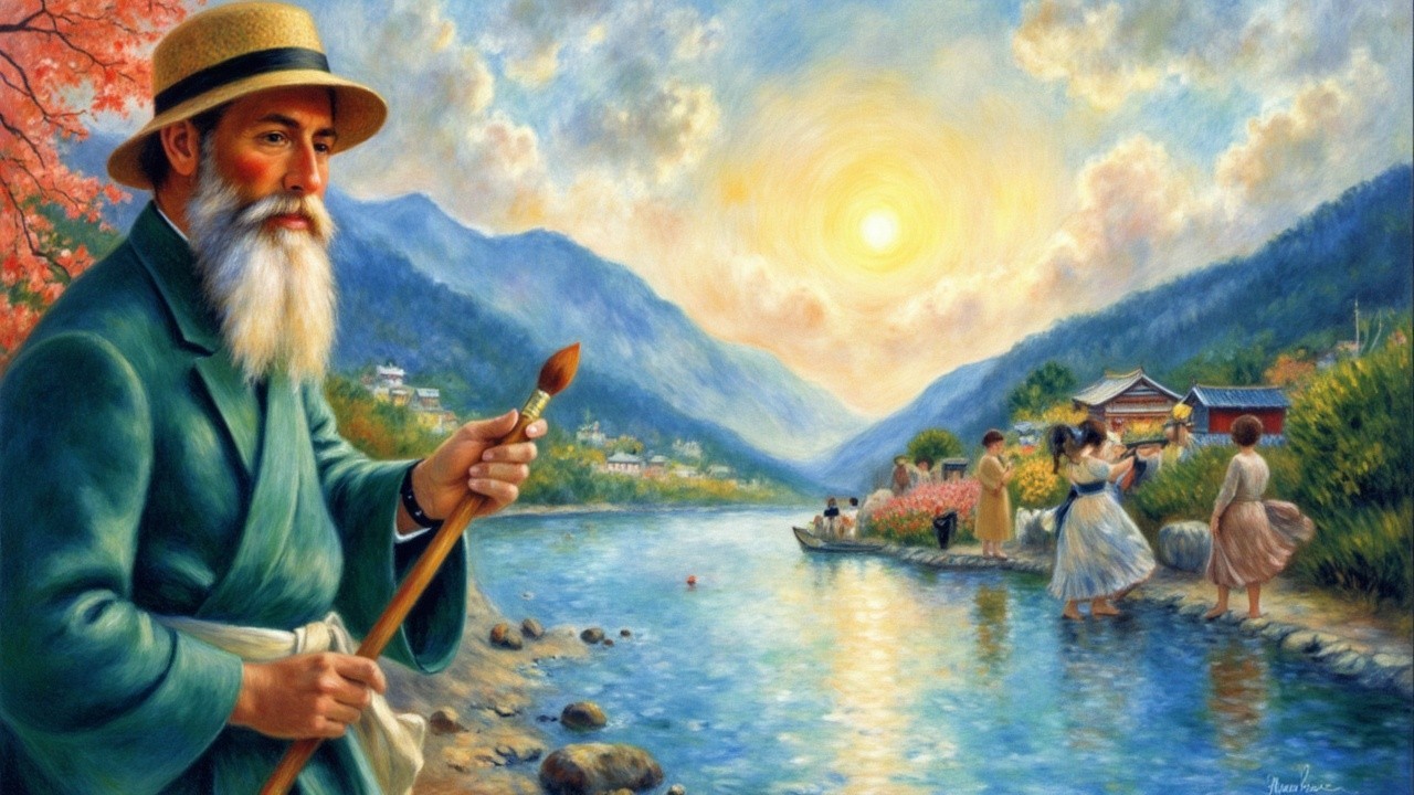 Serene Riverside Landscape at Sunset with Leisure Activities