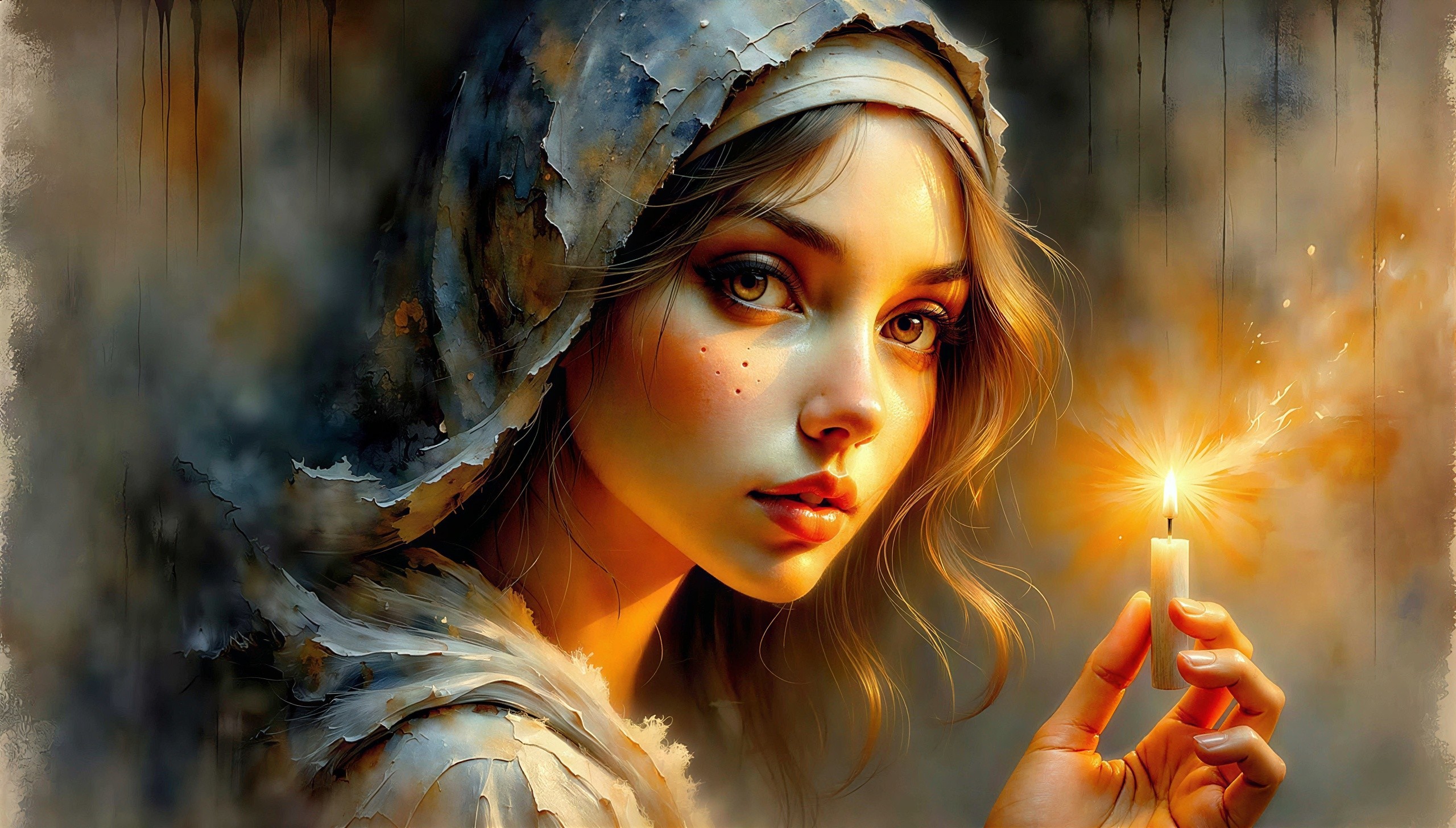 Young Woman with Candle in Abstract Background Painting