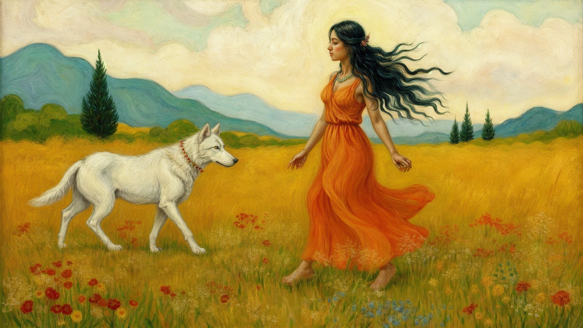 Woman in Orange Dress Walking with White Wolf in Field