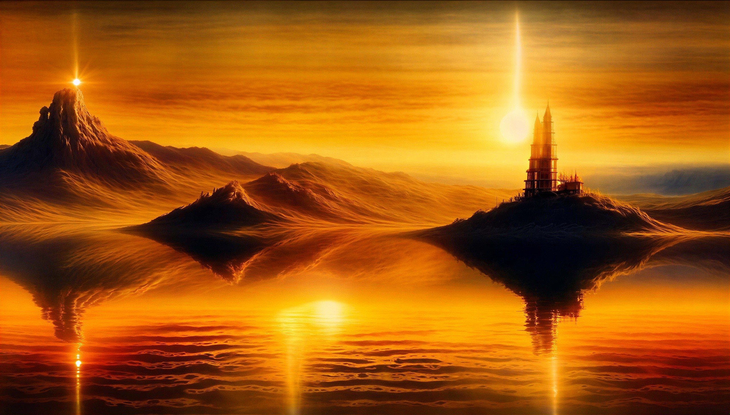 Futuristic Gothic Castle at Sunrise with Reflection