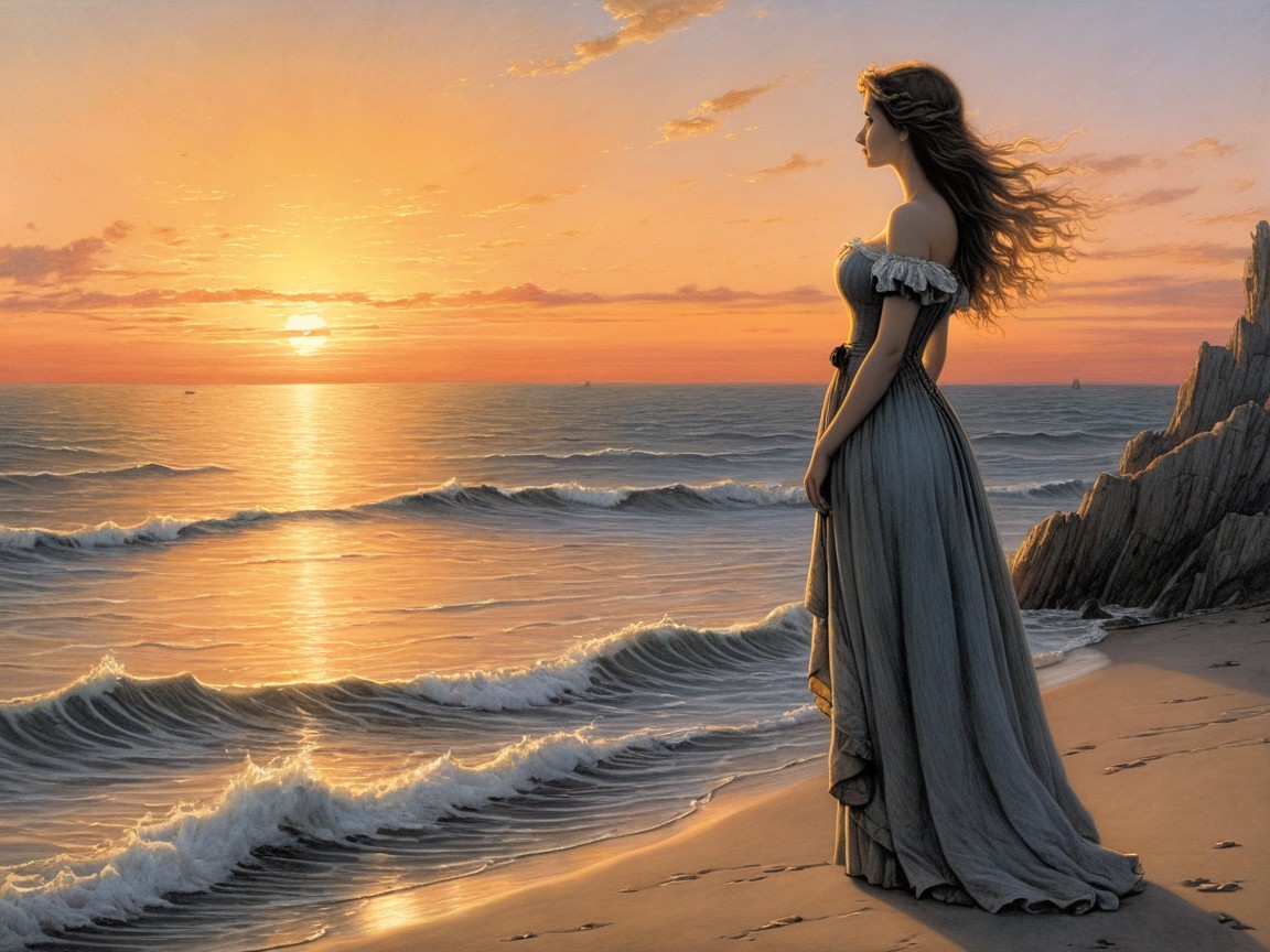 Serene Coastal Scene with Woman at Sunset on Beach