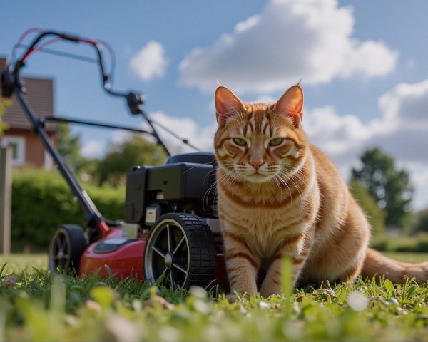Orange Tabby Cat in Green Grass with Lawn Mower