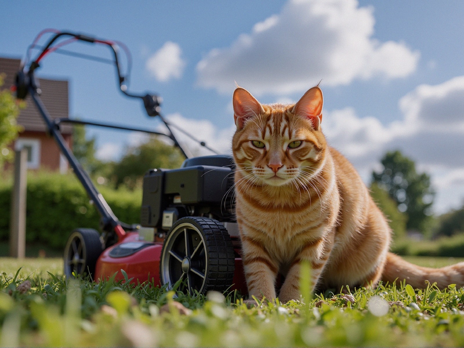 Orange Tabby Cat in Green Grass with Lawn Mower