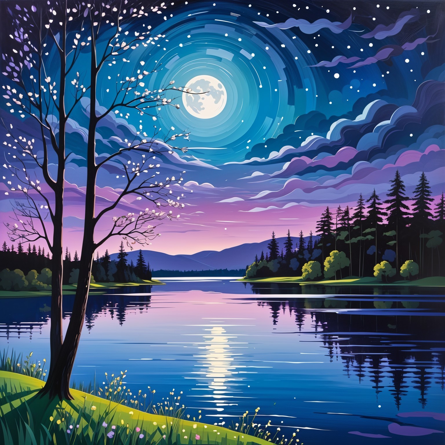 Nighttime Landscape with Moonlit Lake and Stars