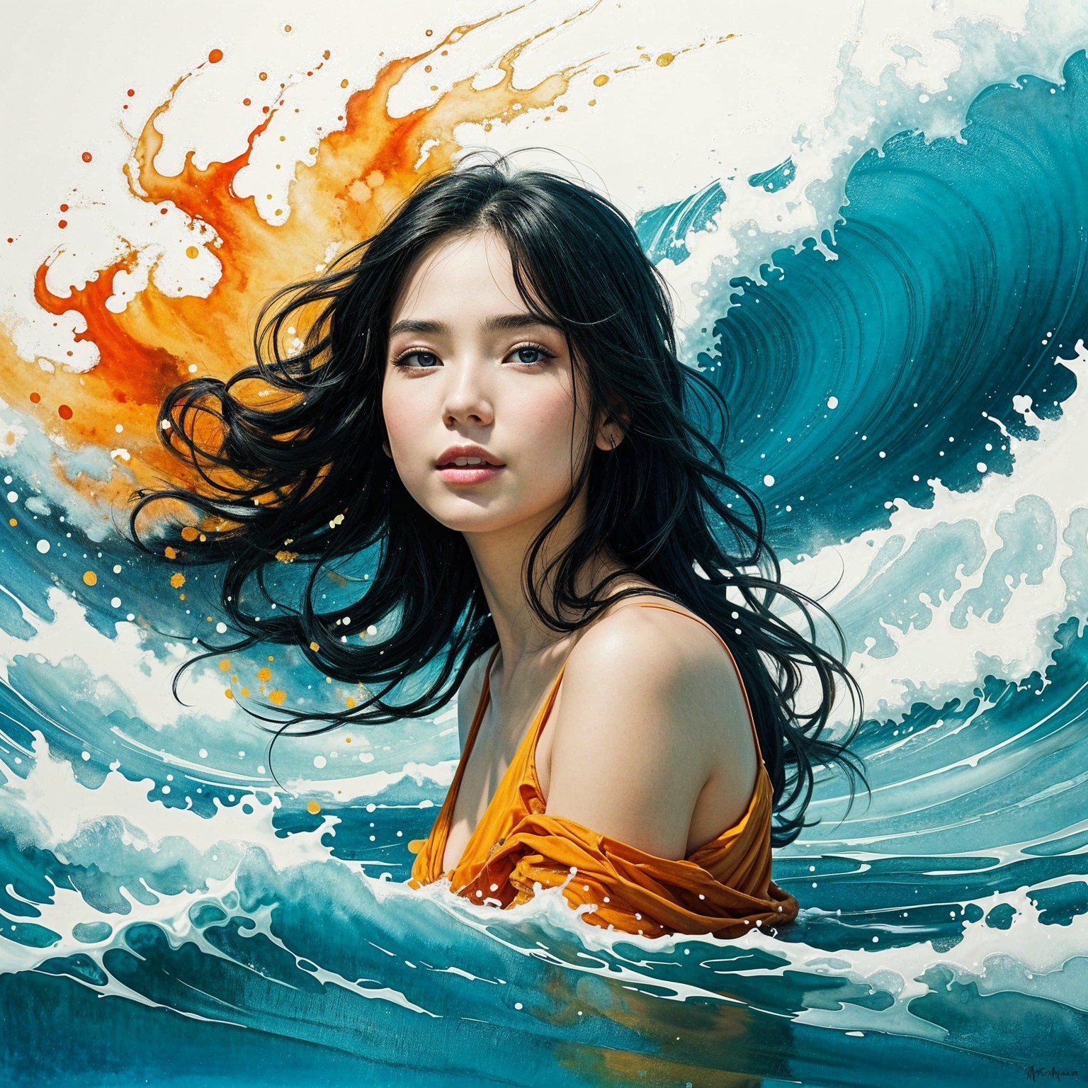 Portrait of a woman in ocean waves with vibrant colors