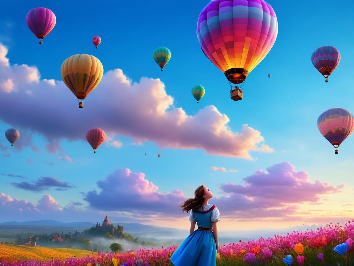 Young Woman in Blue Dress Amidst Colorful Balloons
