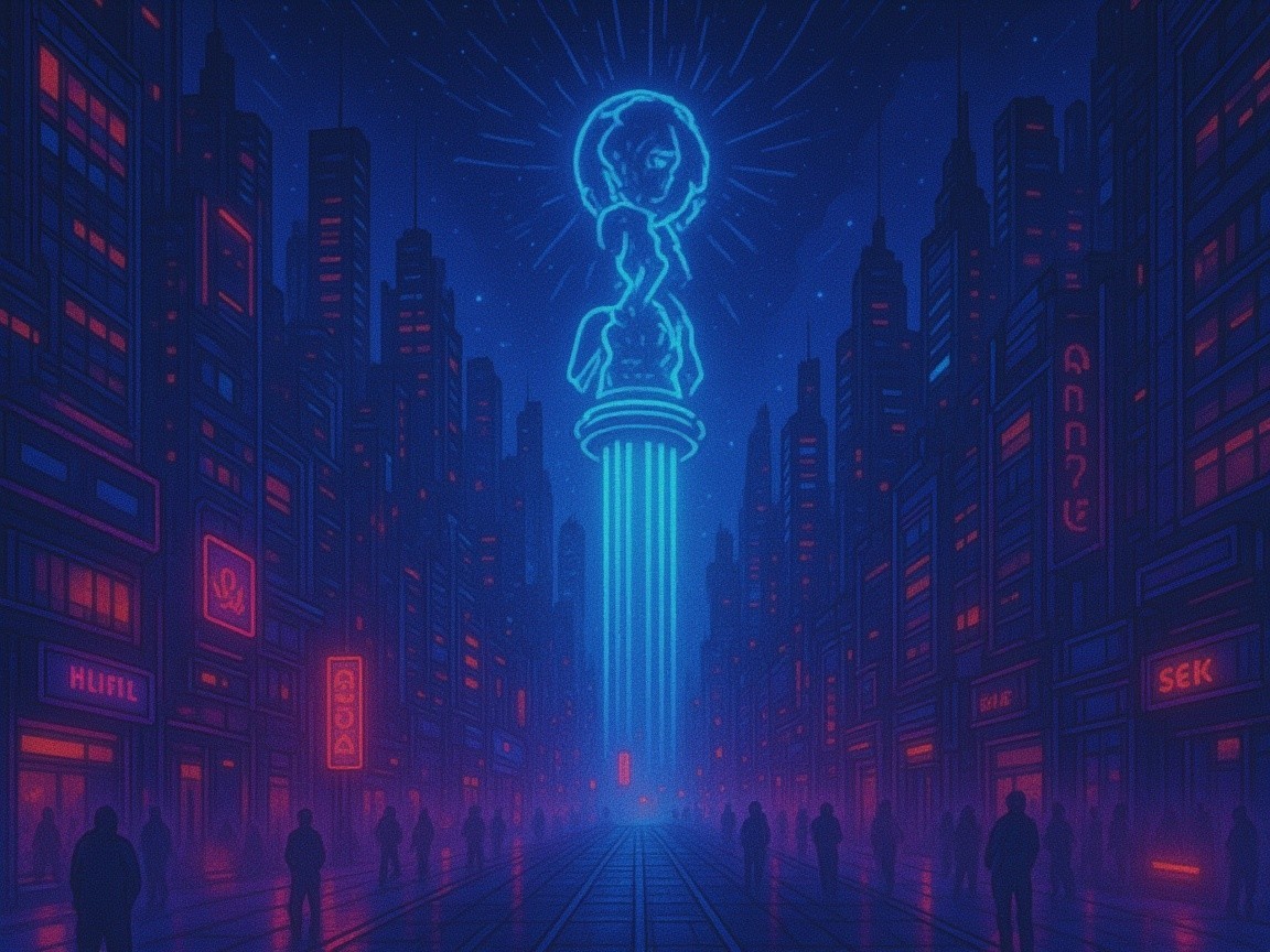 Futuristic cityscape with neon lights and holographic statue