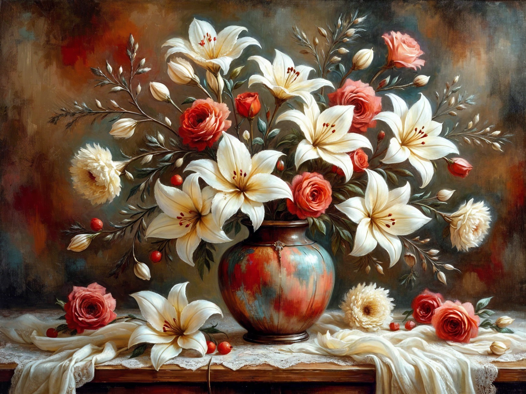 Still Life Painting of White Lilies and Pink Roses