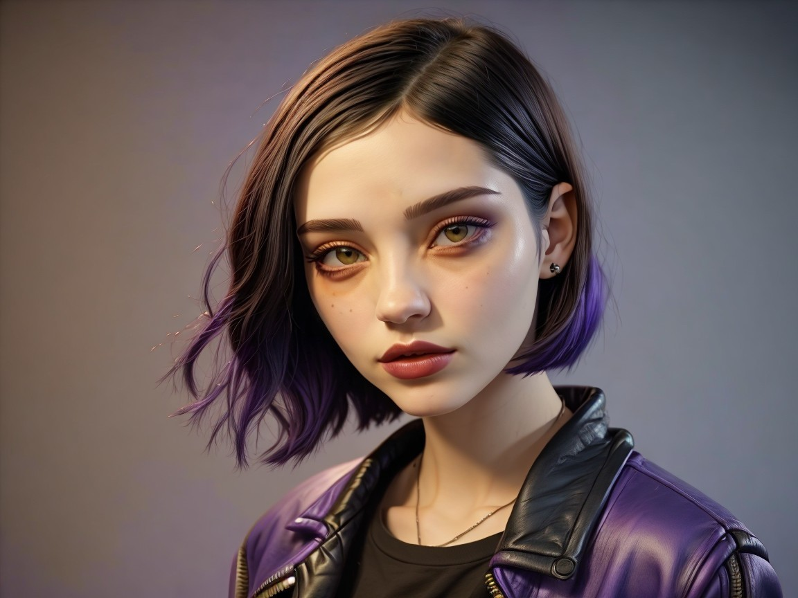 Young Woman with Edgy Purple Hair and Stylish Outfit