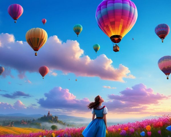 Young Woman in Blue Dress Amidst Colorful Balloons