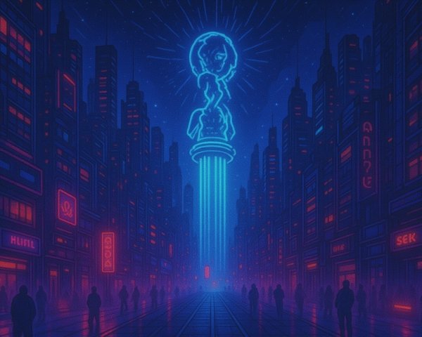 Futuristic cityscape with neon lights and holographic statue